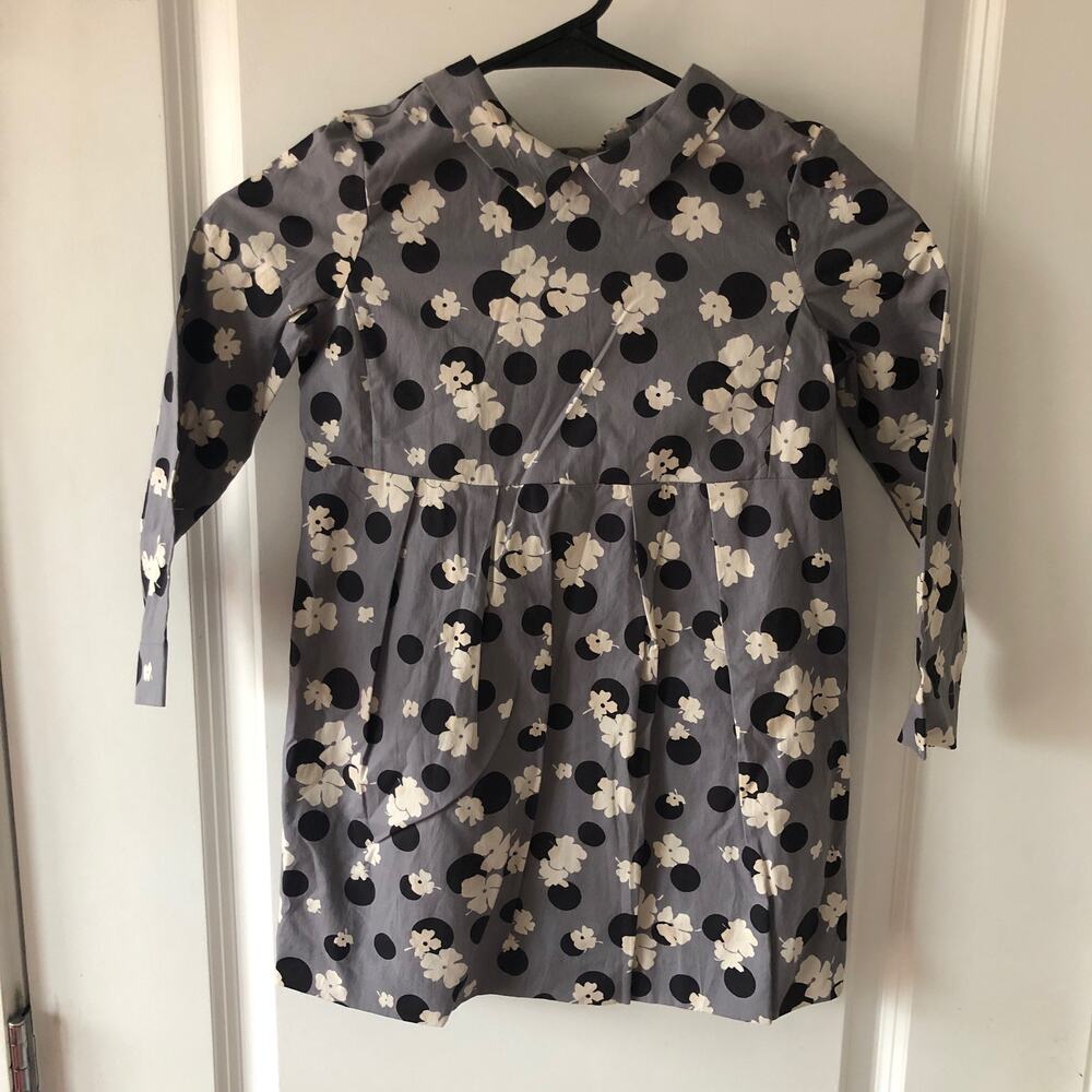 $225 Bonpoint Printed Long Sleeve Collar Pleated Dress Size 6 Gray Floral NWT's